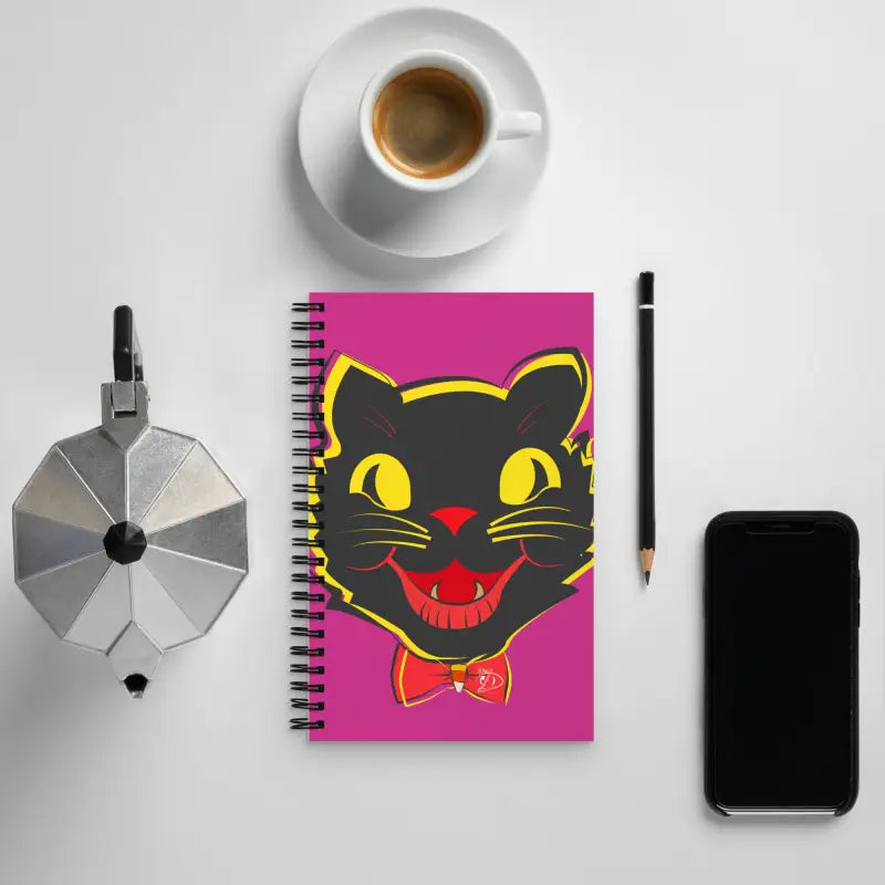 Spiral-bound Vintage Black Cat Spiral Notebook with playful pink and delightful flamingo background