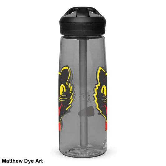 Gray sports water bottle featuring a vintage black cat design for hydration enthusiasts