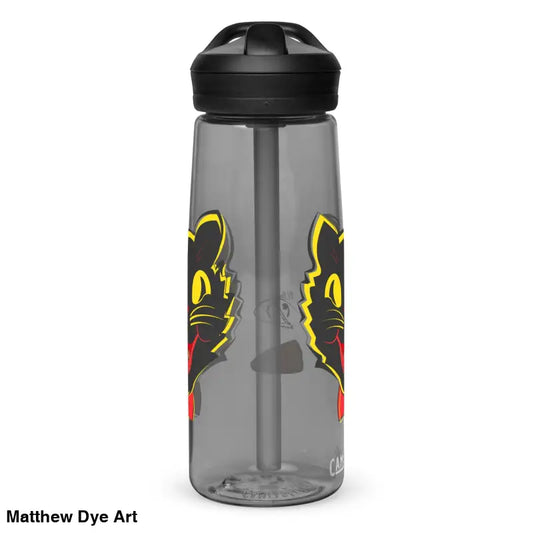 Gray sports water bottle featuring a vintage black cat design for hydration enthusiasts