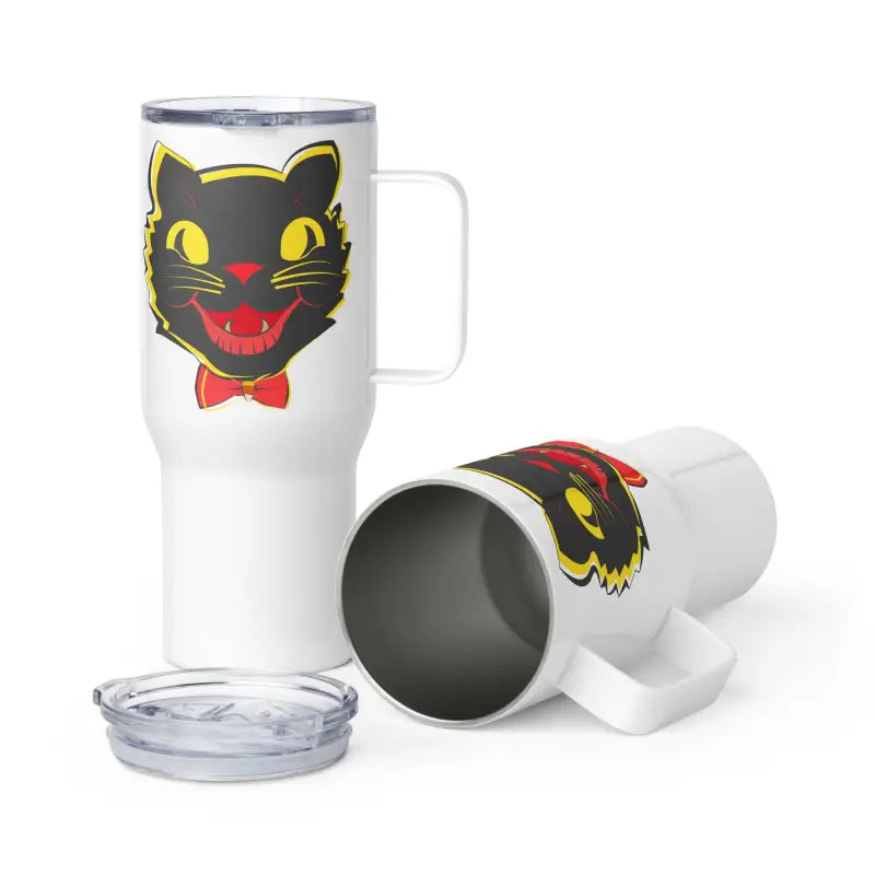 White travel mugs featuring a vintage black cat design for stylish travel
