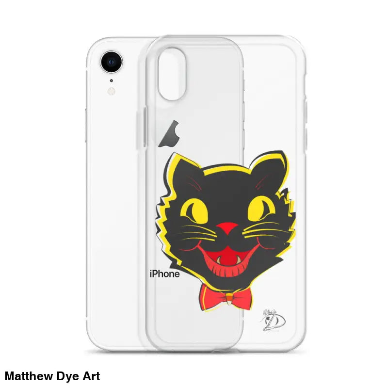 Sleek iPhone® case with cartoon black cat face, yellow eyes, and red bow tie in clear design