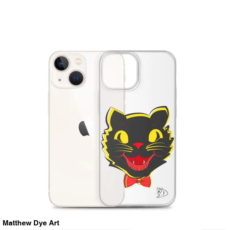Clear phone case featuring a smiling black cat design, sleek iPhone® case with aligned port openings