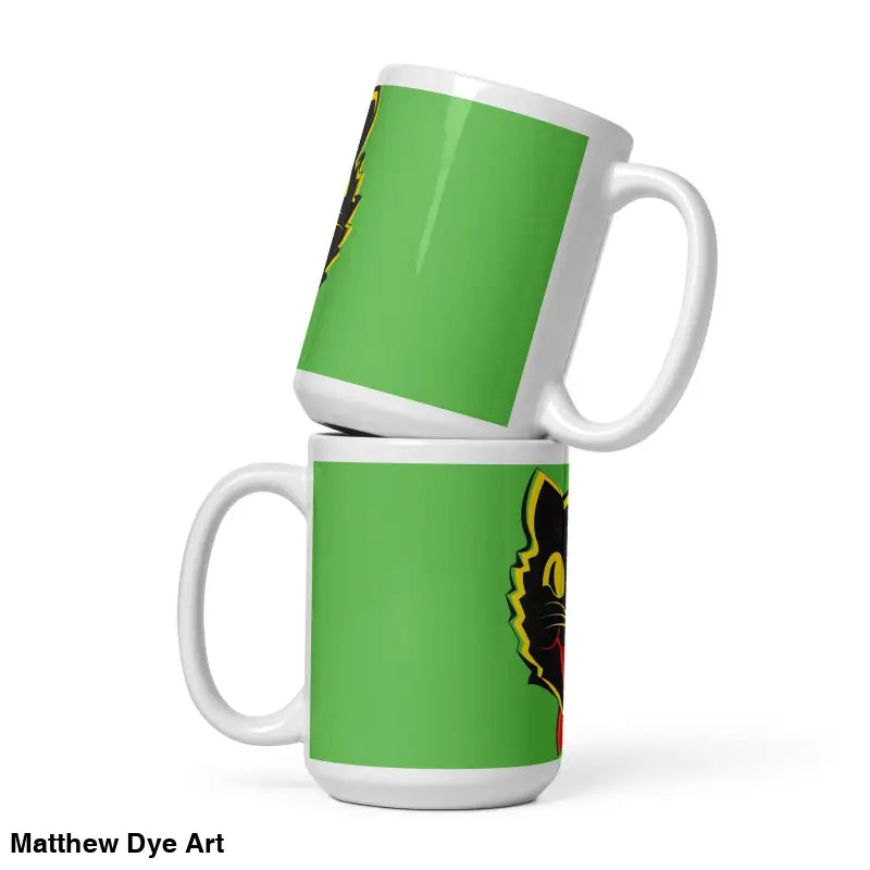Two stacked white ceramic mugs with a green design, embodying Vintage Cat White charm
