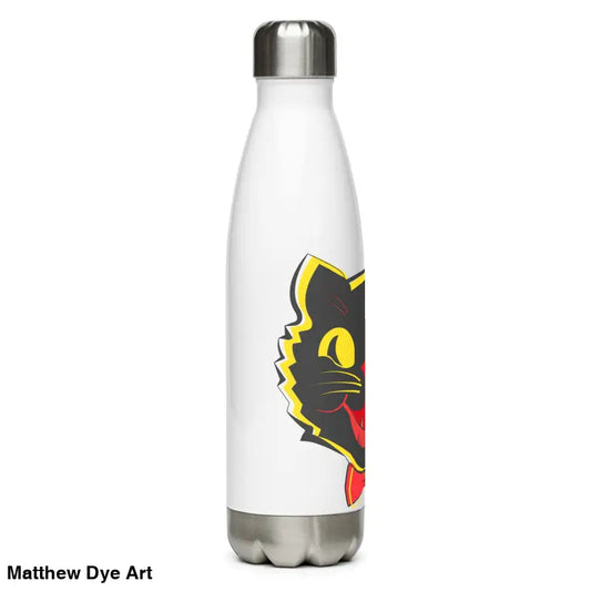 White stainless steel water bottle featuring a black cat design for daily adventures