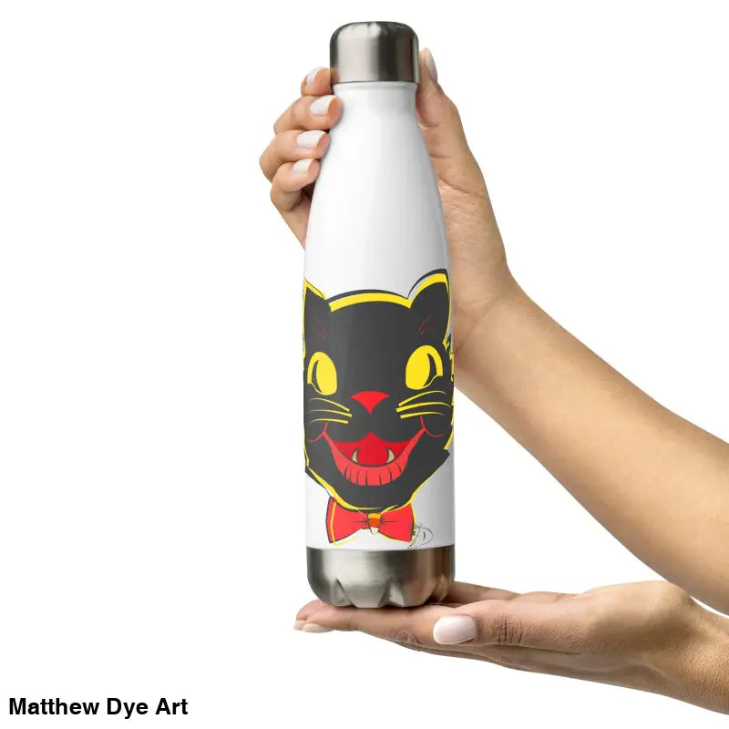 White stainless steel water bottle featuring black cat design for daily adventures