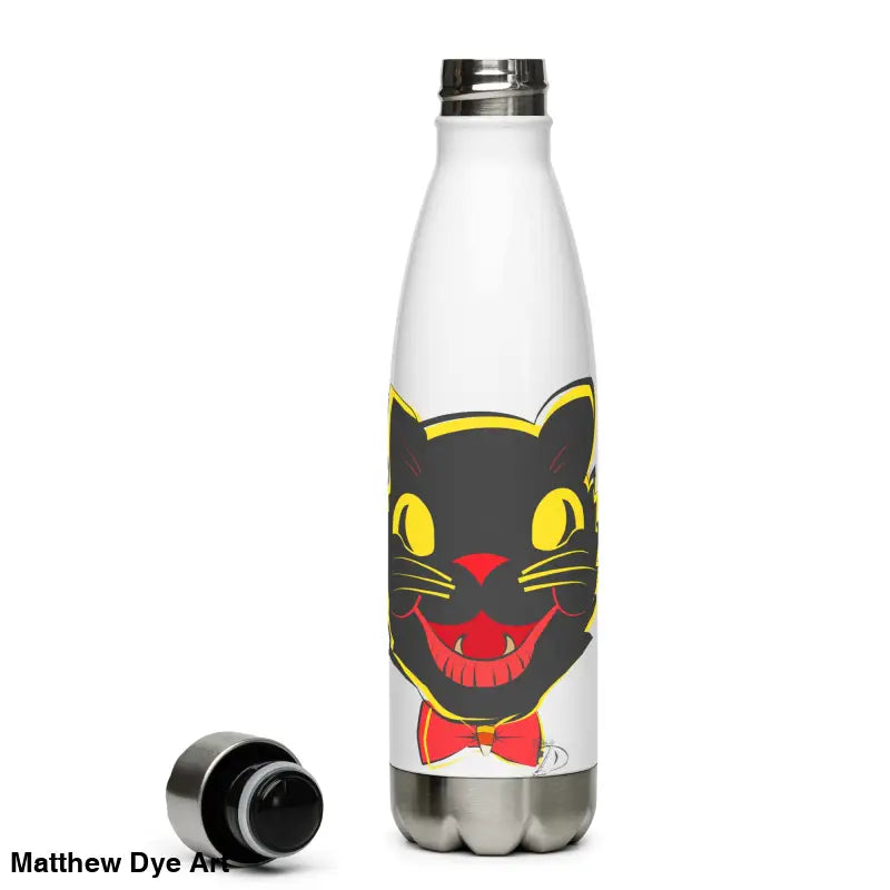 White stainless steel water bottle featuring a black cat design for daily adventures
