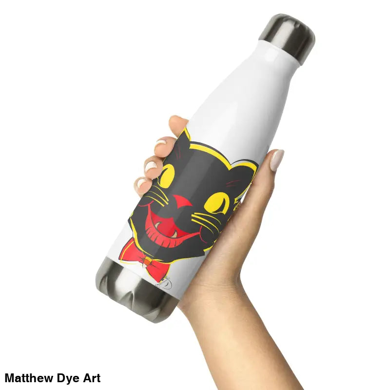 White stainless steel water bottle featuring black cat design for daily adventures