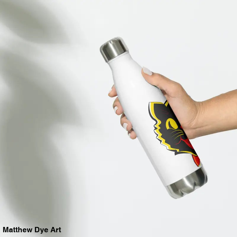 White stainless steel water bottle featuring a black cat design for daily adventures