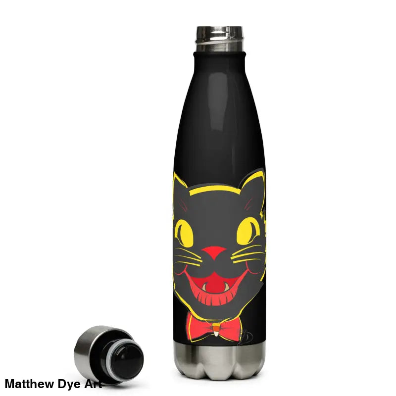Black stainless steel water bottle featuring a vintage cat design for daily adventures