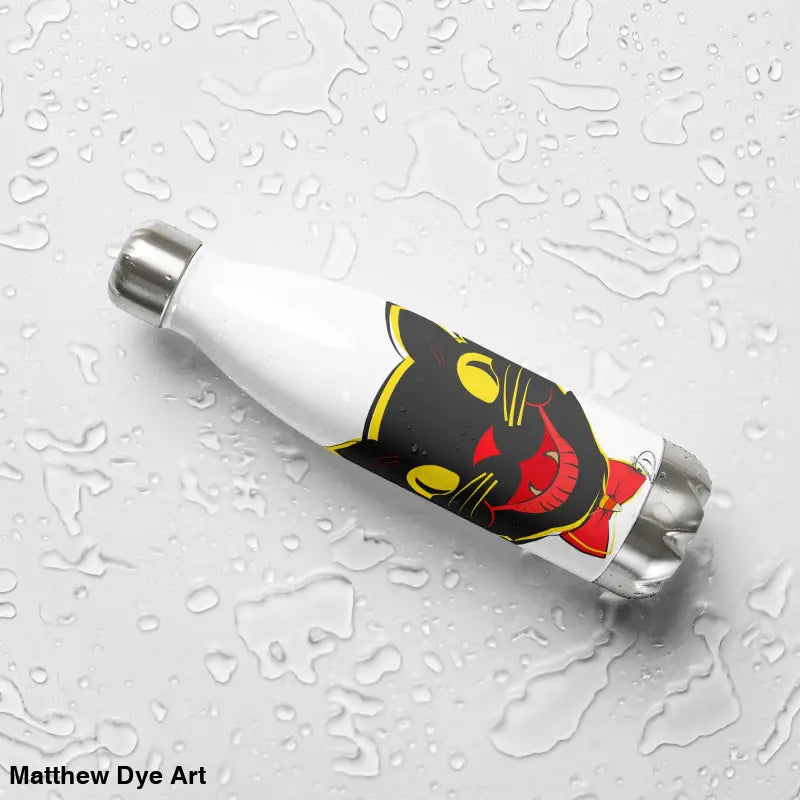 White stainless steel water bottle featuring a vintage cat design for daily adventures