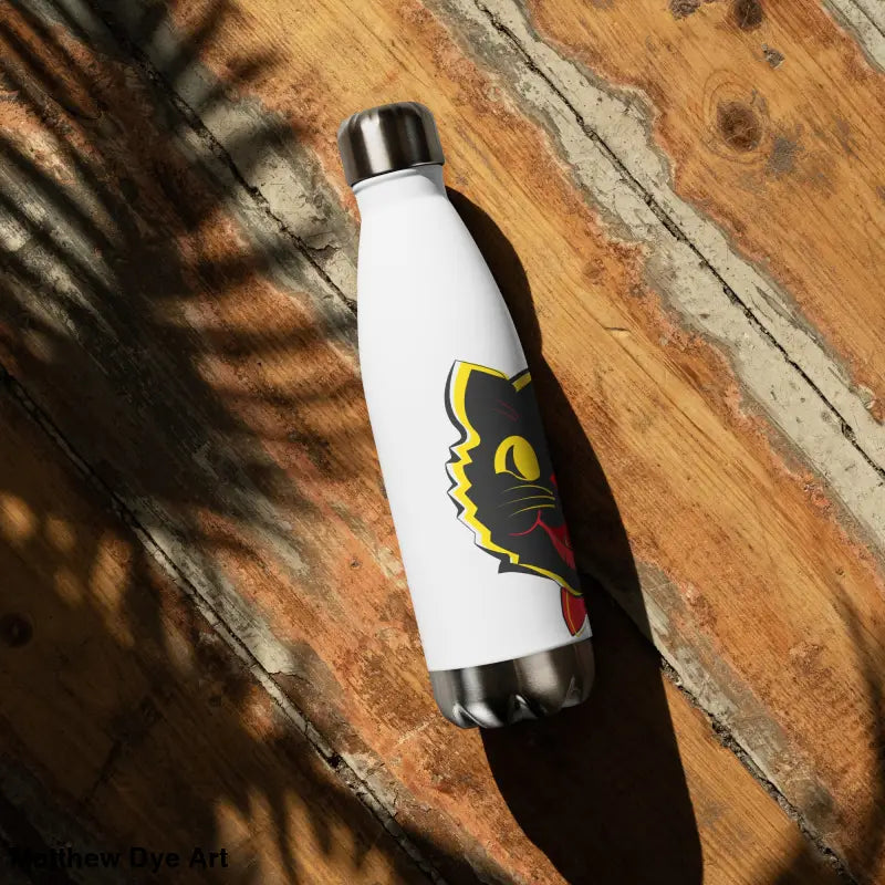 White stainless steel water bottle featuring a black cat design for daily adventures