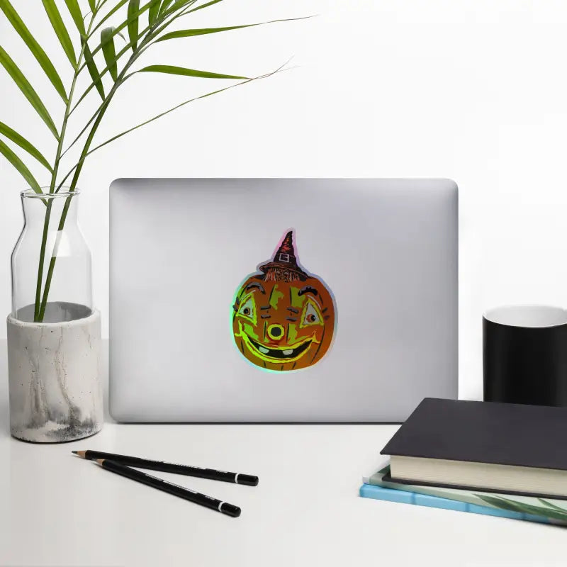 Holographic pumpkin sticker featuring Vintage Pumpkin Witch by Matthew Dye Art