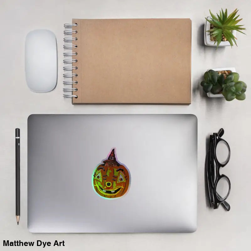 Vintage Pumpkin Witch holographic sticker featuring Matthew Dye art for Halloween decor