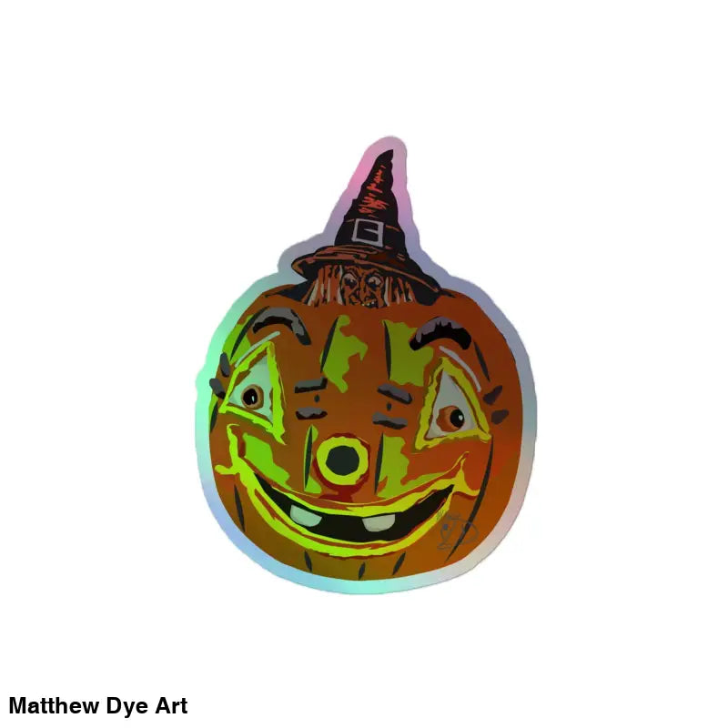 Holographic sticker of a smiling Vintage Pumpkin Witch in a witch hat by Matthew Dye Art