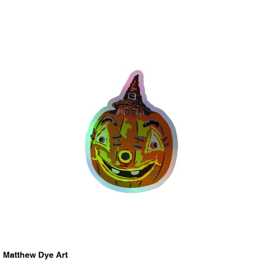 Holographic sticker of a smiling jack-o’-lantern wearing a witch hat by Matthew Dye Art