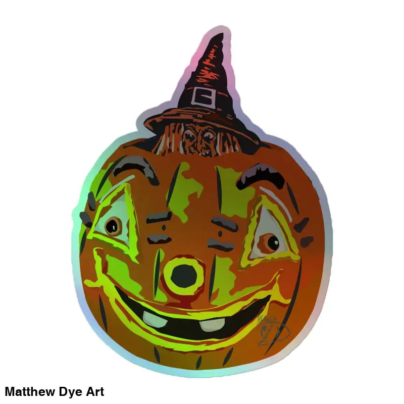 Smiling jack-o’-lantern in a witch hat from Matthew Dye Art vintage pumpkin witch holographic