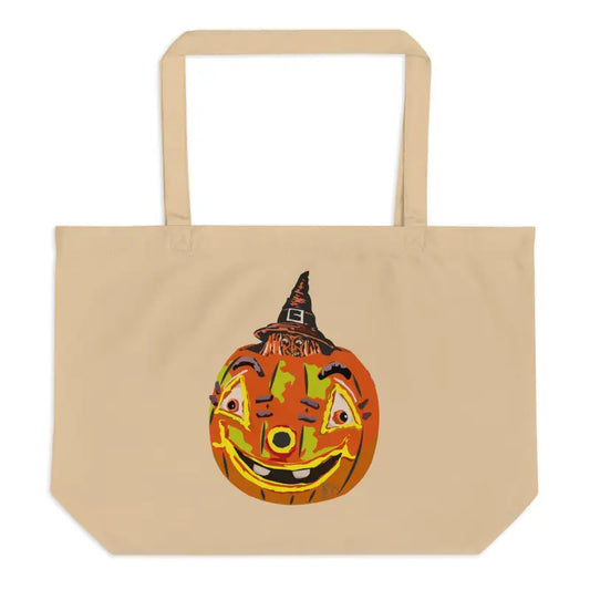 Beige tote bag featuring Vintage Pumpkin Witch design for Halloween trick or treat use