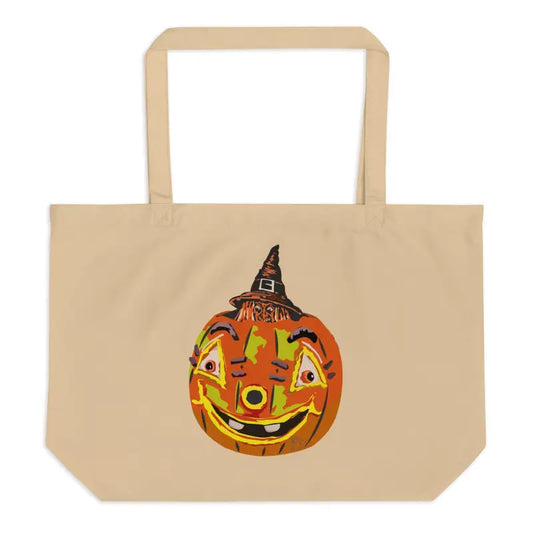 Beige tote bag featuring Vintage Pumpkin Witch design for Halloween trick or treat use