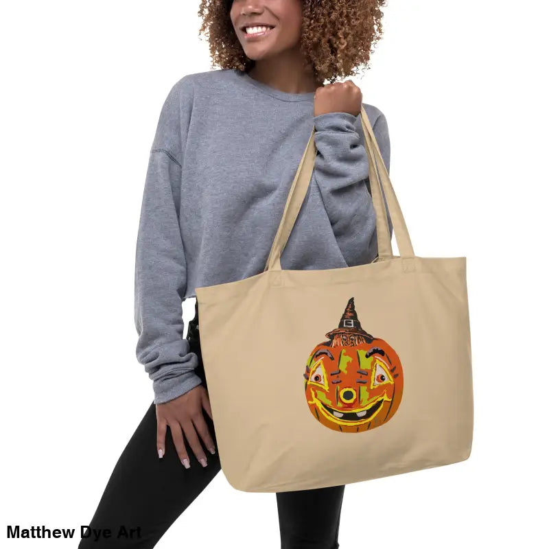 Vintage Pumpkin Witch design on a large canvas tote bag for Halloween trick or treat