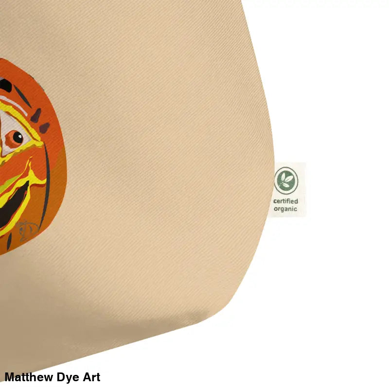 Beige tote bag featuring a Vintage Pumpkin Witch design, ideal for Halloween festivities