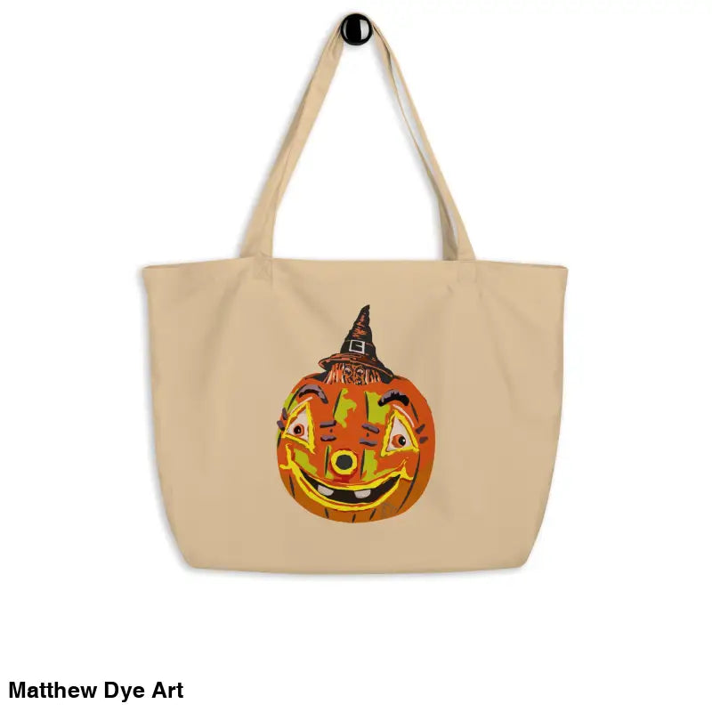 Beige tote bag featuring Vintage Pumpkin Witch design for Halloween trick or treat use