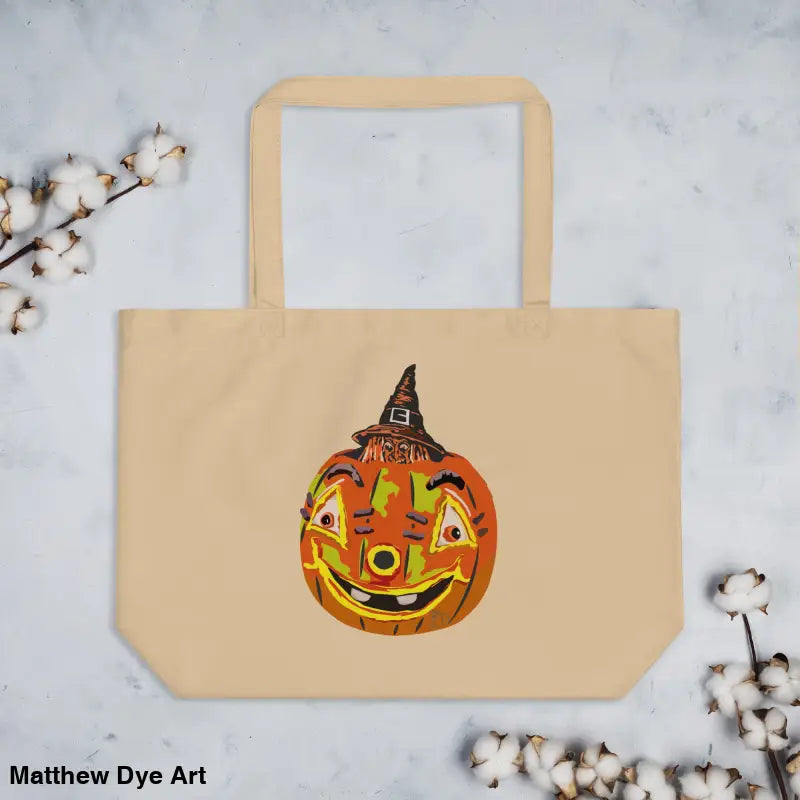 Beige tote bag featuring Vintage Pumpkin Witch design for Halloween trick or treat
