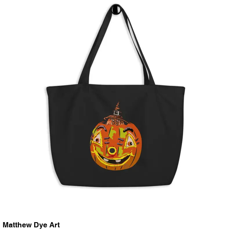 Black tote bag featuring a vintage pumpkin witch design for Halloween trick or treat