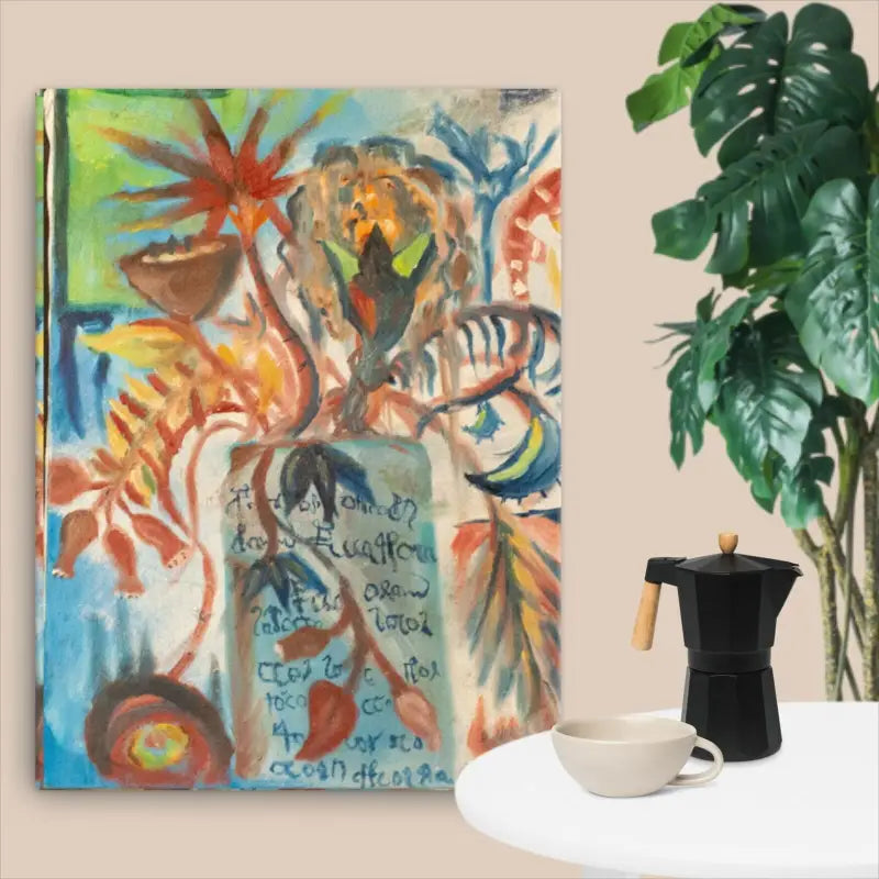 Colorful abstract canvas art print inspired by the Voynich Manuscript for interior decor