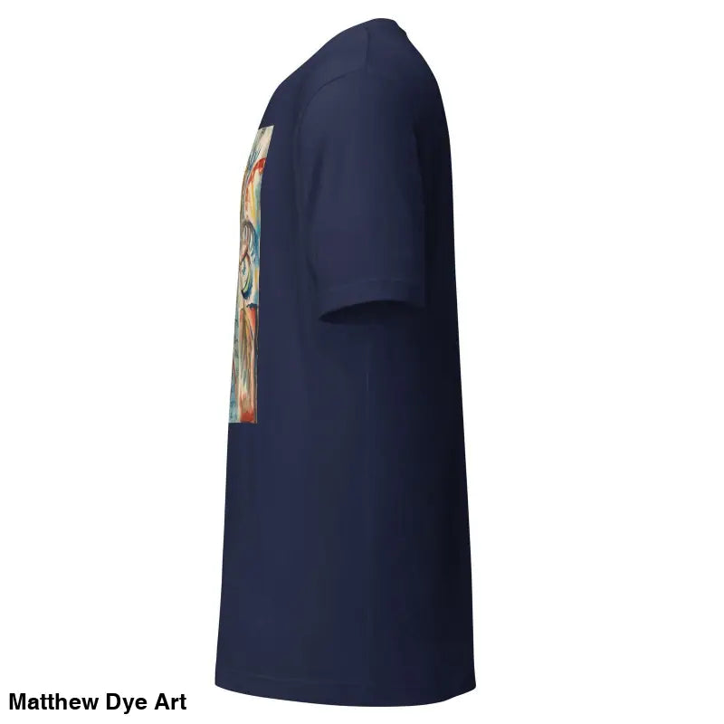 Navy blue Voynich Unisex Jersey T-Shirt with vibrant side graphic design