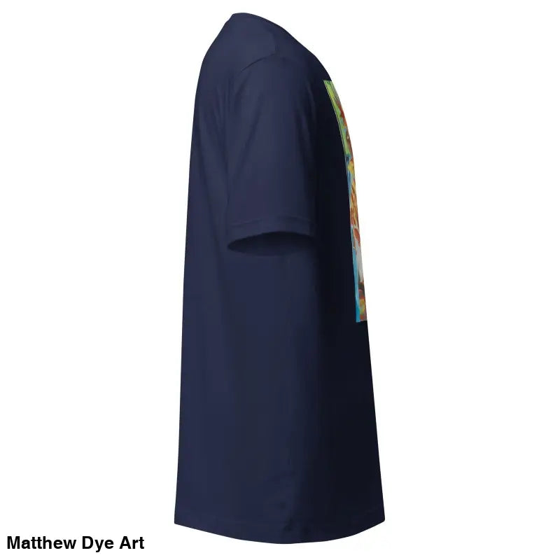 Navy blue Voynich Unisex Jersey T-Shirt showcasing a vibrant side pattern in Airlume Combed fabric