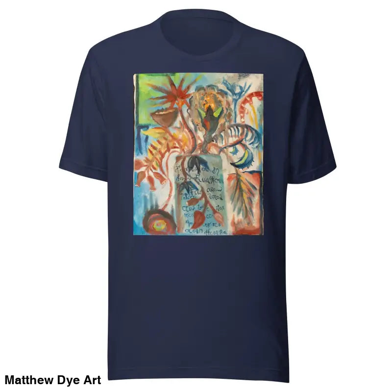 Navy blue Voynich Unisex Jersey T-Shirt with colorful abstract tropical art design