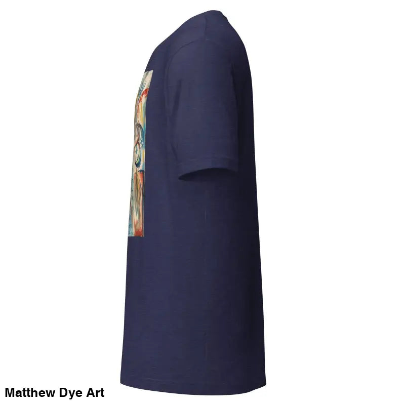 Navy blue Voynich Unisex Jersey T-Shirt with vibrant side graphic design