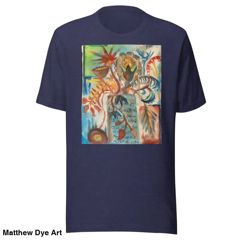 Navy blue Voynich Unisex Jersey T-Shirt with colorful tropical abstract art print