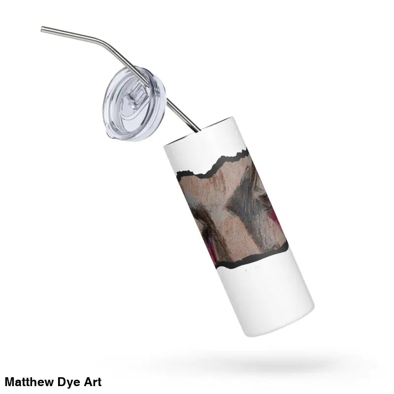 White stylish stainless steel tumbler with straw and torn paper design for Watcher’s Gaze