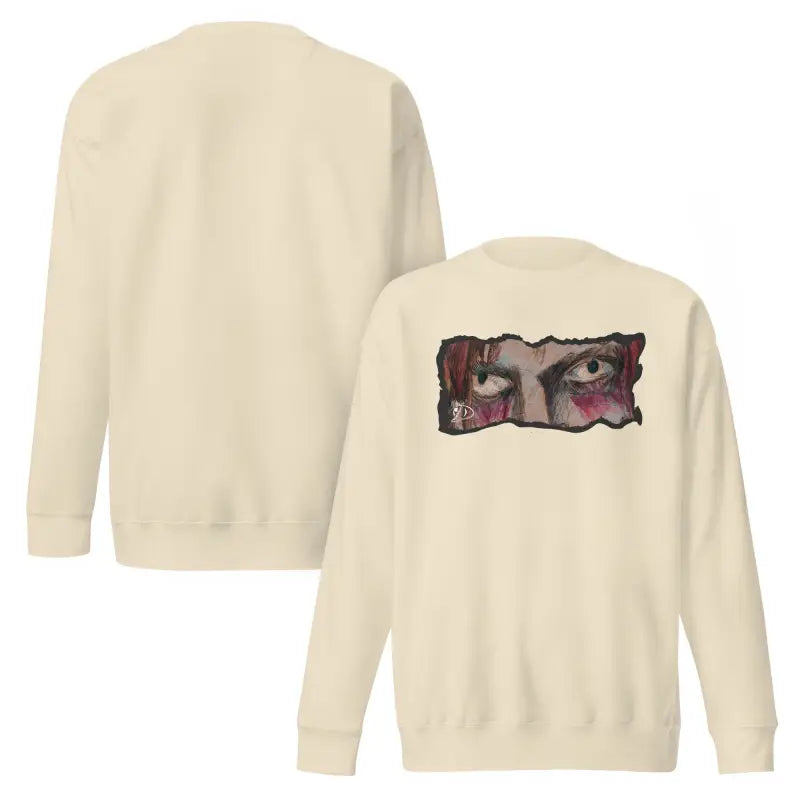 Two beige sweatshirts featuring eye graphic, embodying urban elegance and classic sweatshirt silhouette