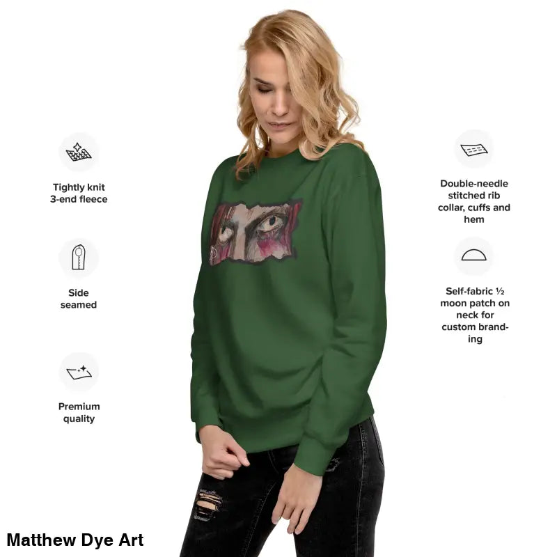 Green sweatshirt with eye graphic showcasing urban elegance in classic sweatshirt silhouette