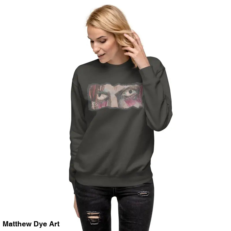 Gray sweatshirt with eye graphic, featuring classic sweatshirt silhouette and urban elegance
