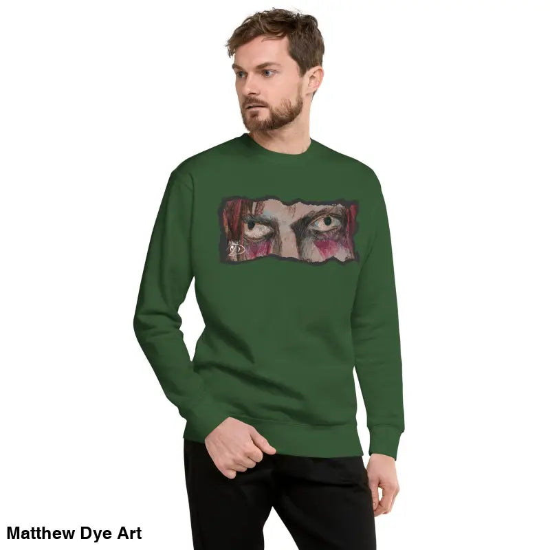 Green sweatshirt with eye graphic, a timeless piece enriched with urban elegance