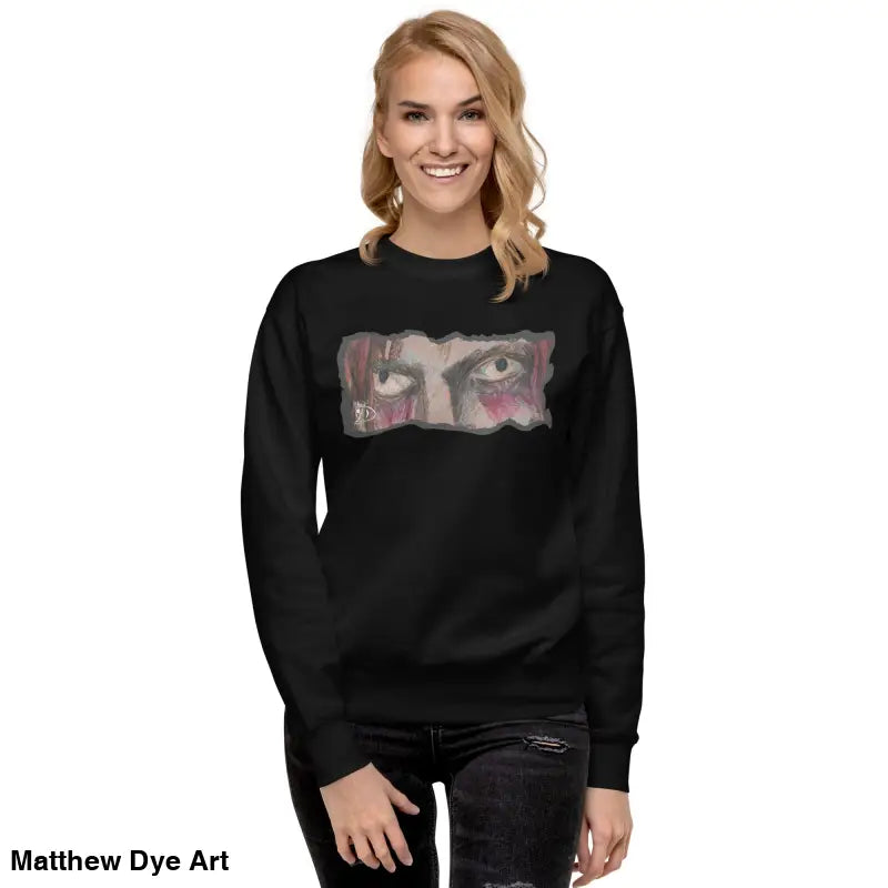Black sweatshirt featuring eye graphic, a timeless piece enriched with urban elegance