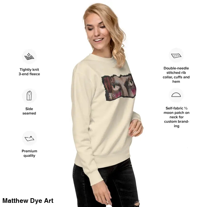 Beige sweatshirt with eye graphic, a timeless piece enriched in urban elegance