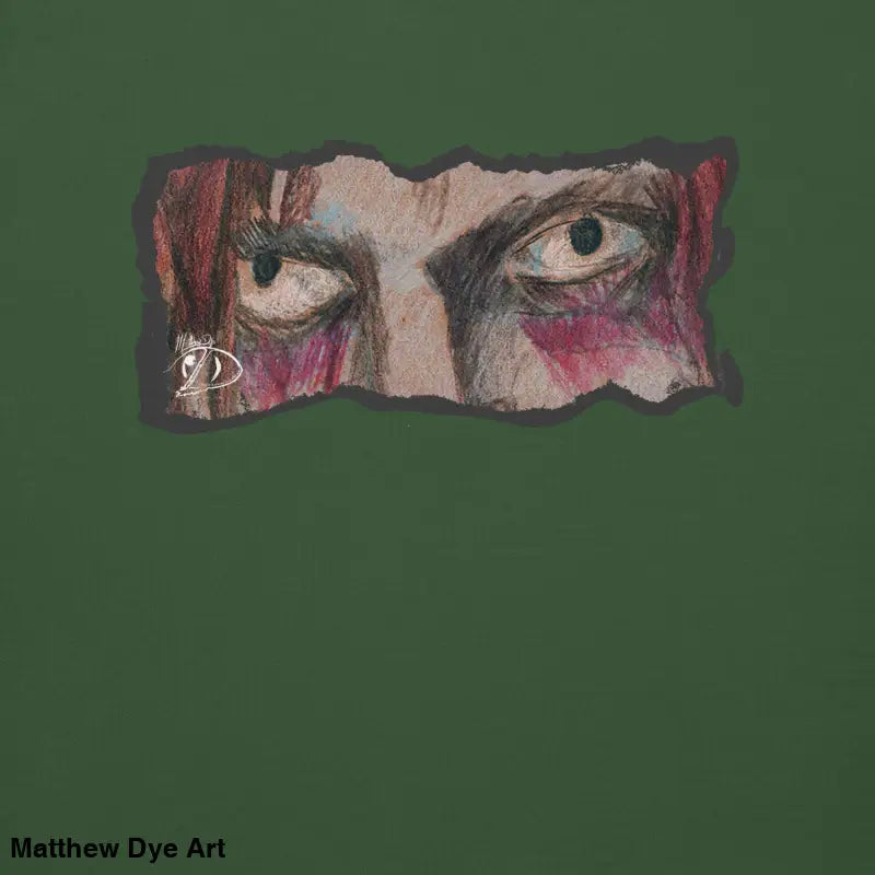 Intense eyes on torn paper featured on a classic sweatshirt silhouette horror art design