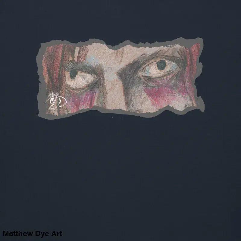 Intense eyes with red markings on a classic sweatshirt silhouette for urban elegance