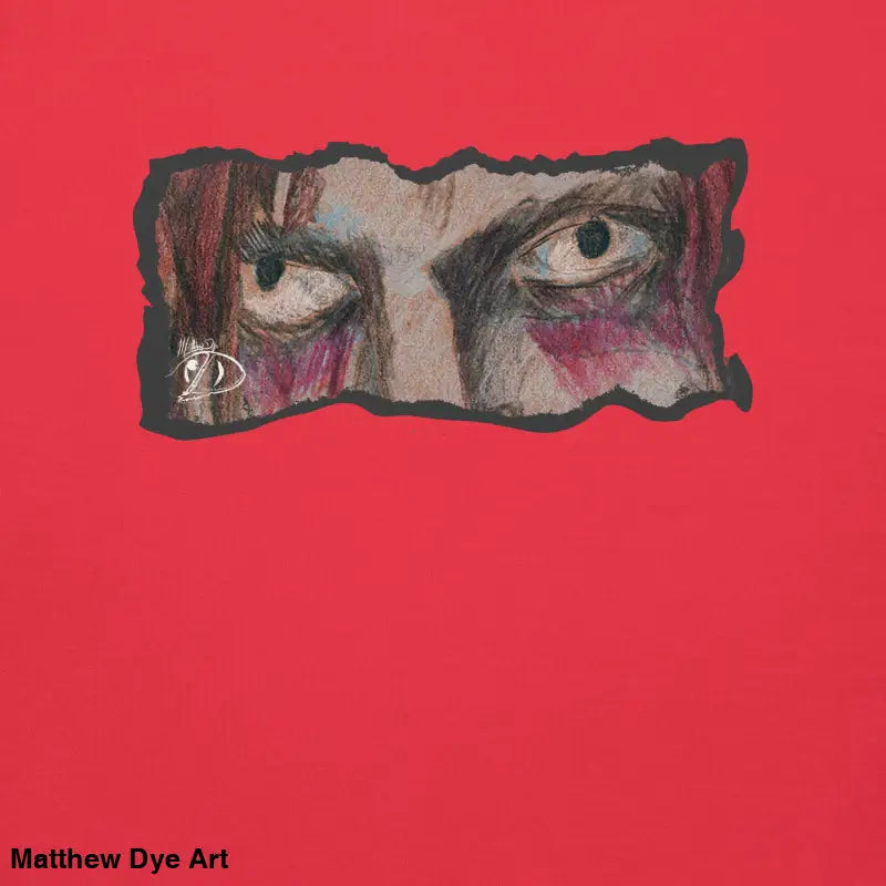 Intense eyes through torn paper on Watcher’s Gaze classic sweatshirt silhouette