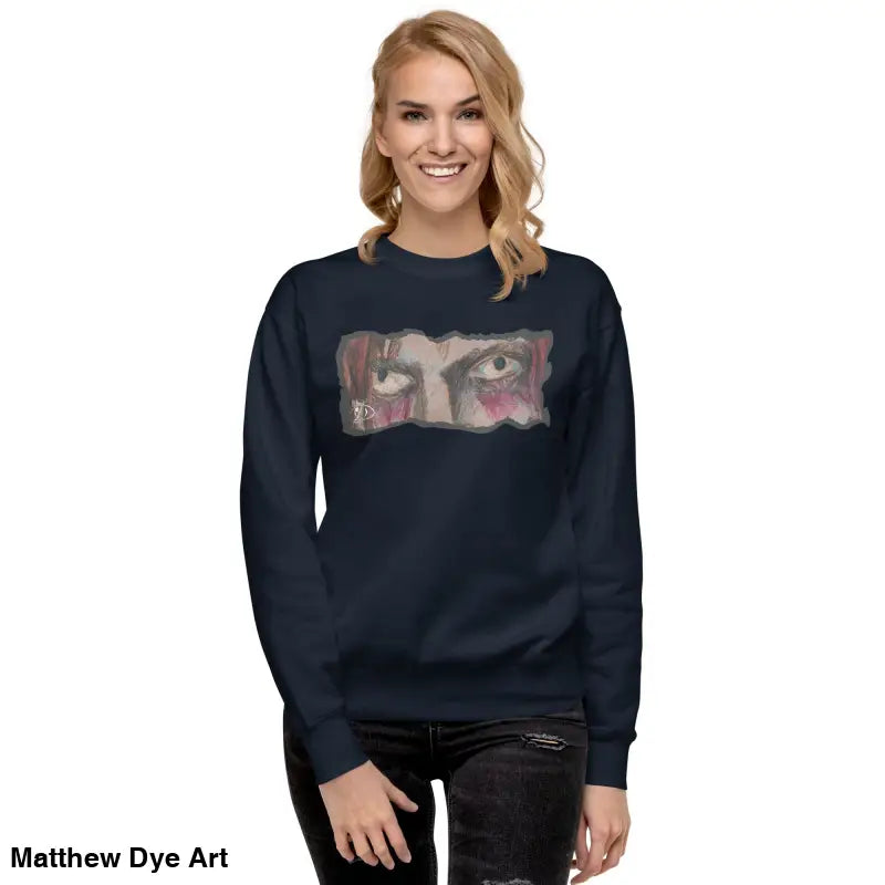 Navy blue sweatshirt featuring eye graphic, showcasing urban elegance and classic silhouette