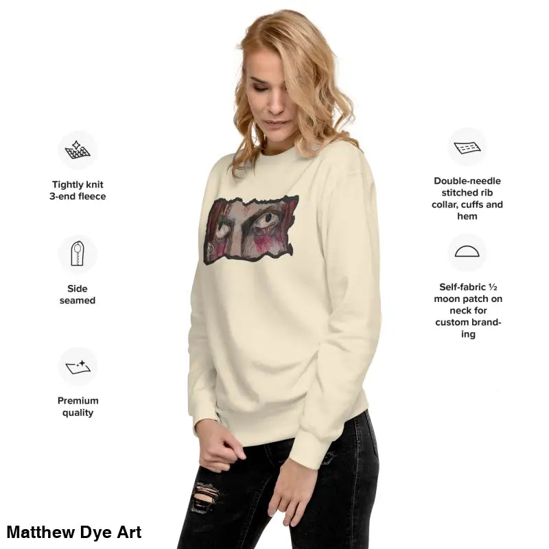 Beige sweatshirt with eye graphic in classic sweatshirt silhouette, perfect for urban elegance
