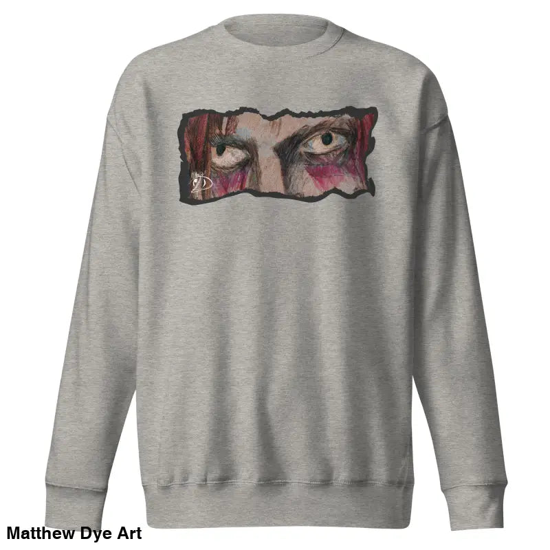 Gray sweatshirt featuring eye graphic in a classic sweatshirt silhouette, embodying urban elegance