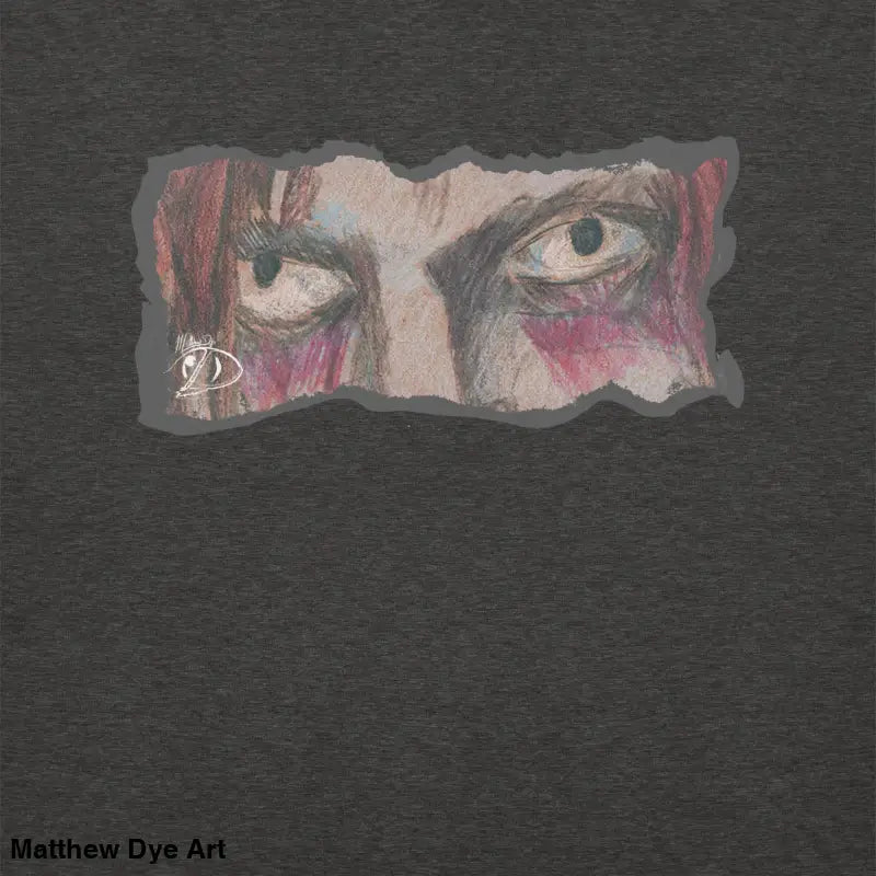 Intense eyes with red face paint on a Watcher’s Gaze Unisex Sweatshirt, a timeless piece enriched