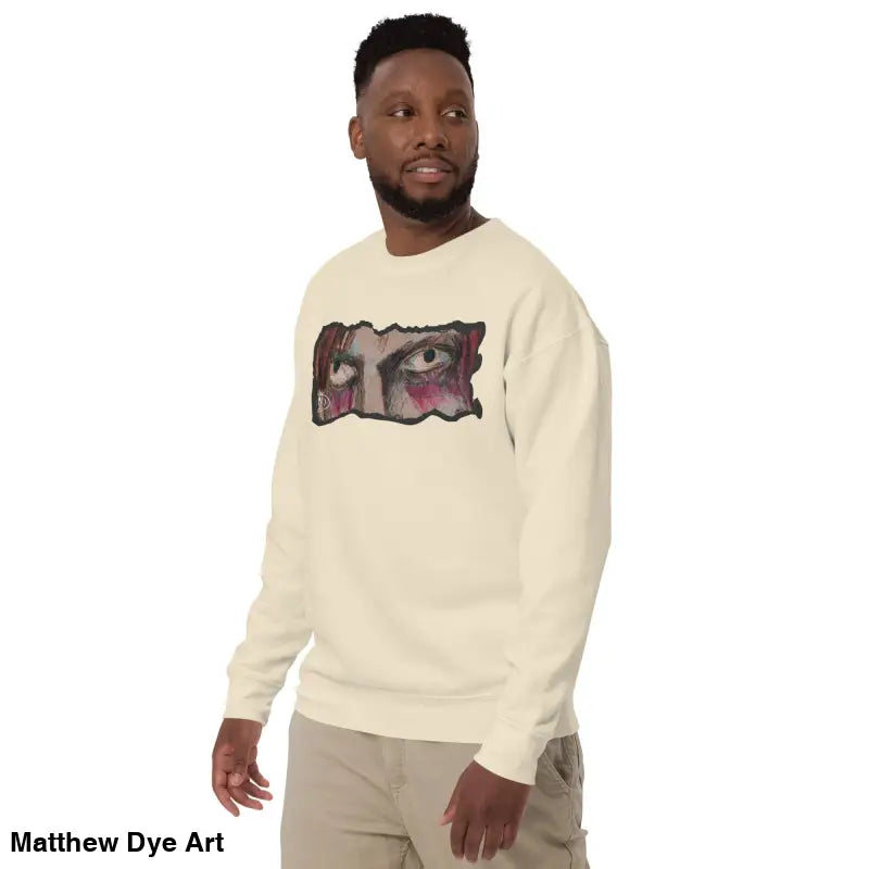 Beige sweatshirt with eye graphic, a timeless piece enriched with urban elegance
