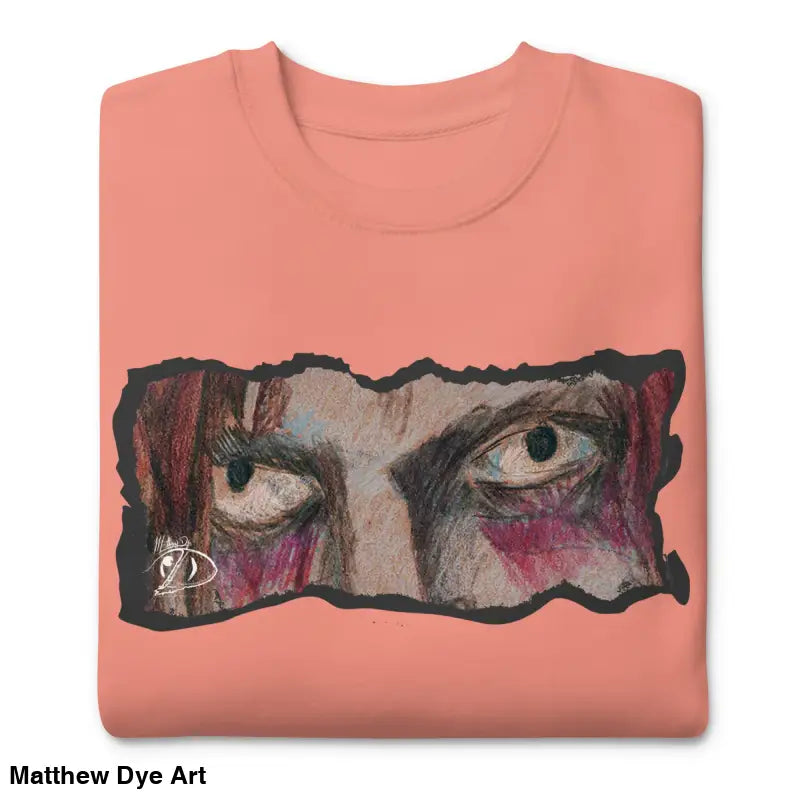 Salmon-colored sweatshirt featuring eye graphic, a timeless piece enriched in urban elegance