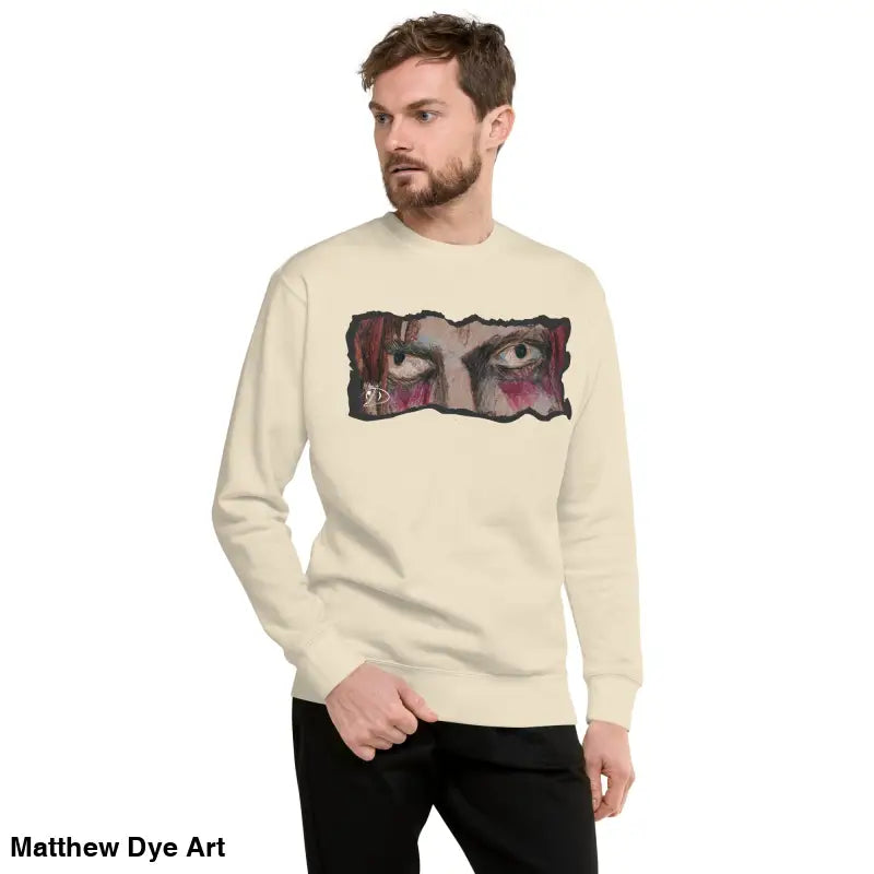 Beige sweatshirt with eye graphic, a timeless piece enriched with urban elegance